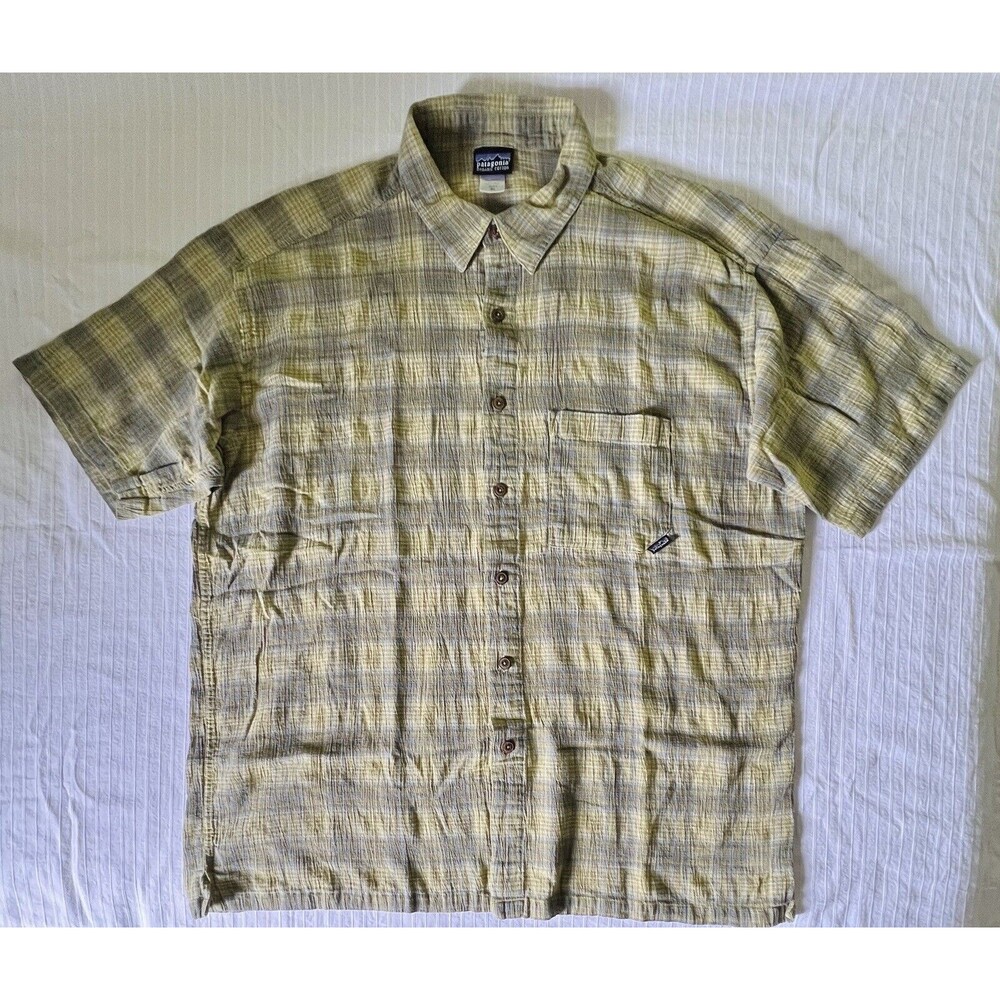 Patagonia Organic Cotton Button-up Short Sleeve Shirt Size XL Green Blue Striped